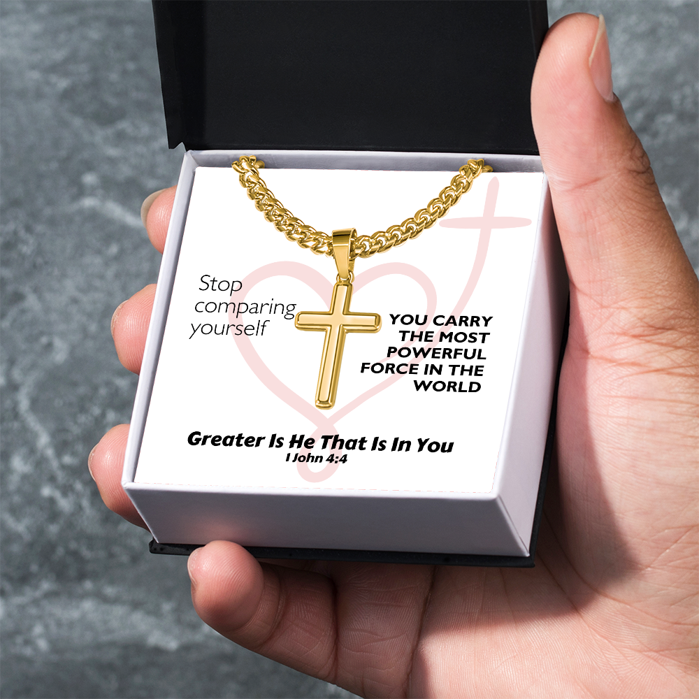 Greater Is He That Is In You (1 John 4:4) | Premium Sterling Silver Cuban Link Cross Necklace