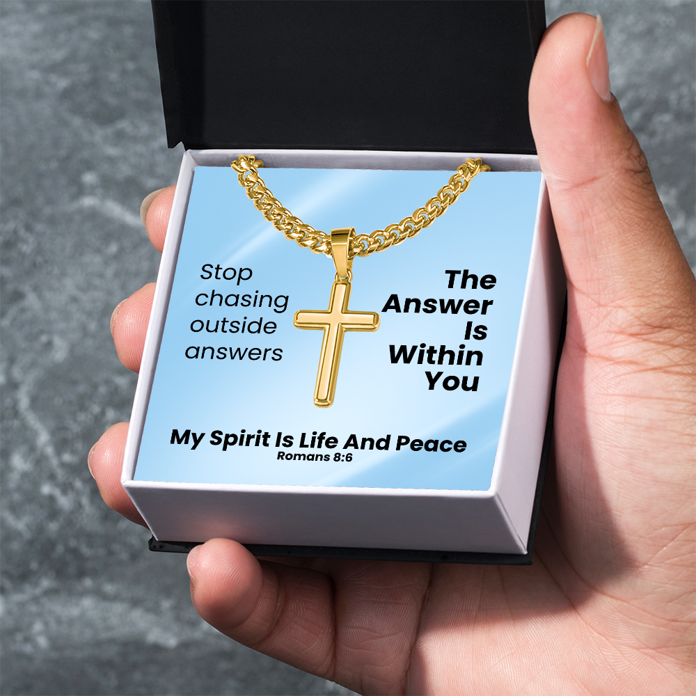 My Spirit Is Life And Peace (Romans 8:6) | Premium Sterling Silver Cuban Link Cross Necklace