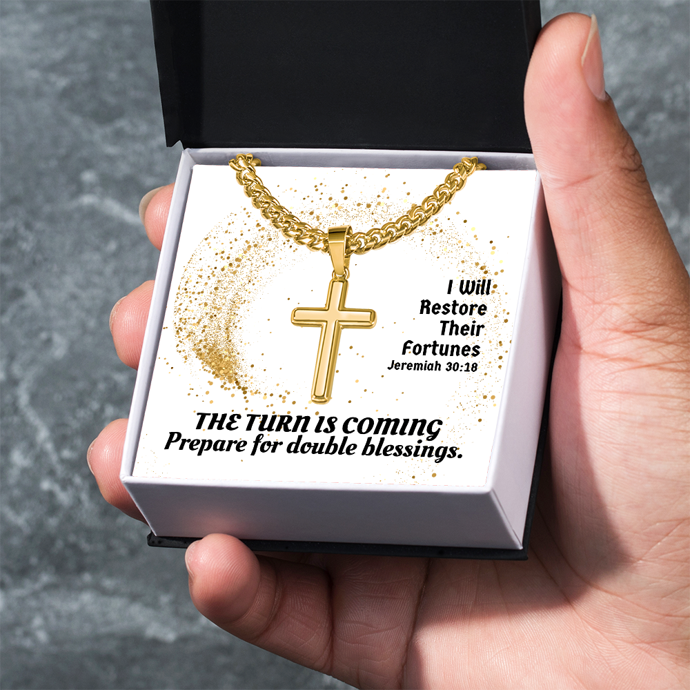 I Will Restore Their Fortunes (Jeremiah 30:18) | Premium Sterling Silver Cuban Link Cross Necklace
