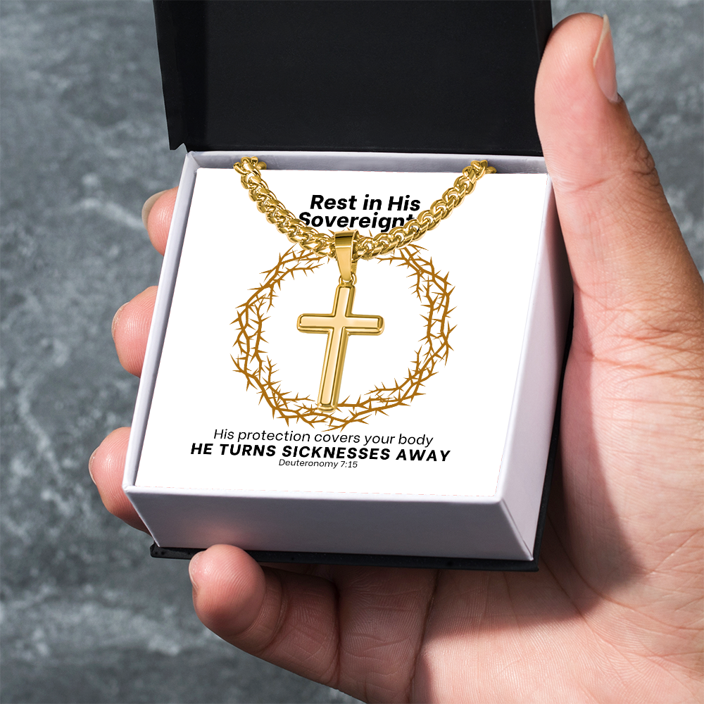 He Turns Sicknesses Away (Deuteronomy 7:15) | Premium Sterling Silver Cuban Link Cross Necklace
