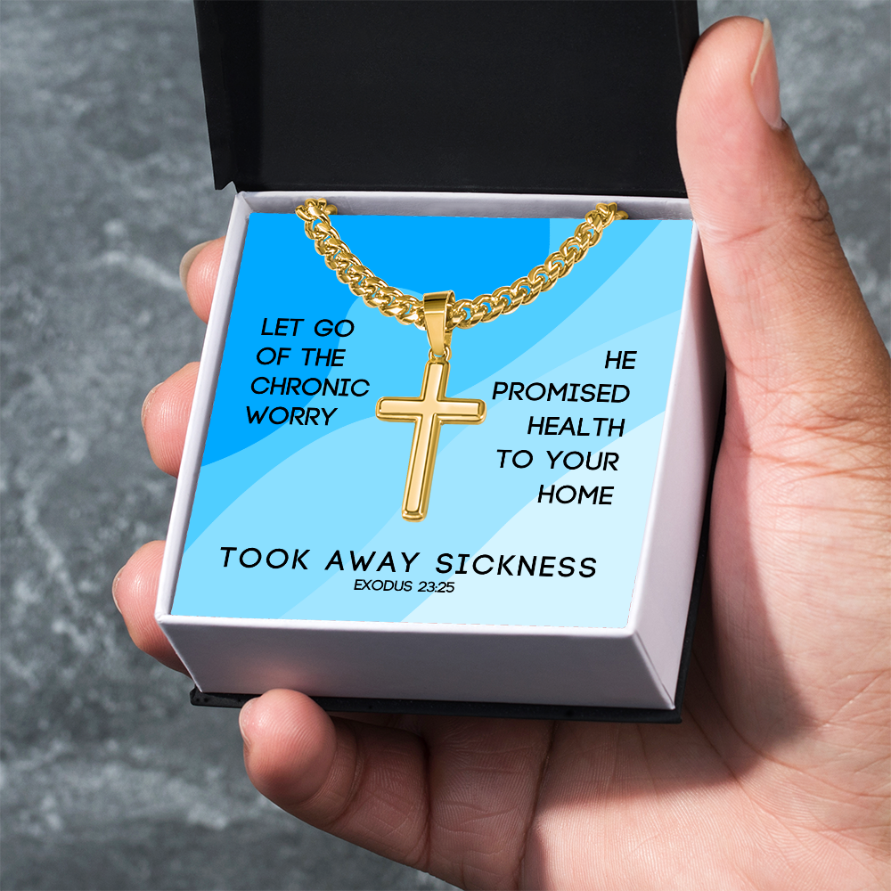 Took Away Sickness (Exodus 23:25) | Premium Sterling Silver Cuban Link Cross Necklace