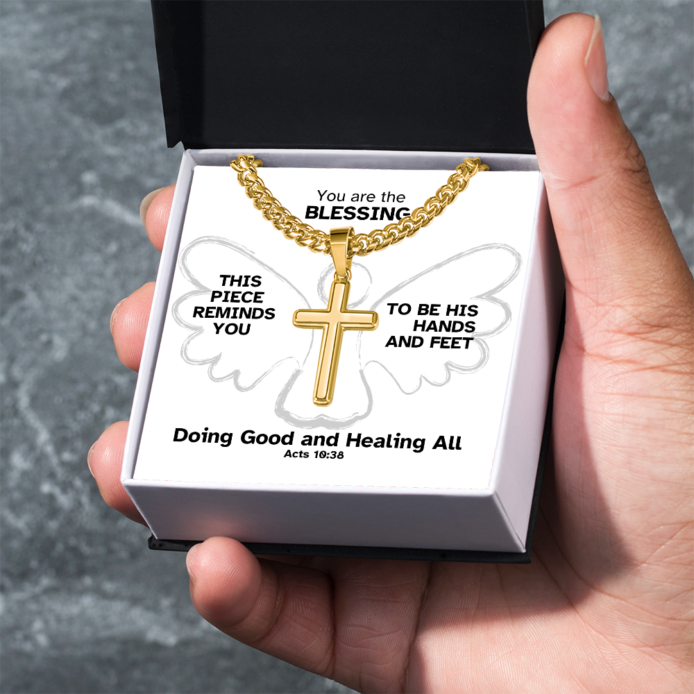 Doing Good And Healing All (Acts 10:38) | Premium Sterling Silver Cuban Link Cross Necklace