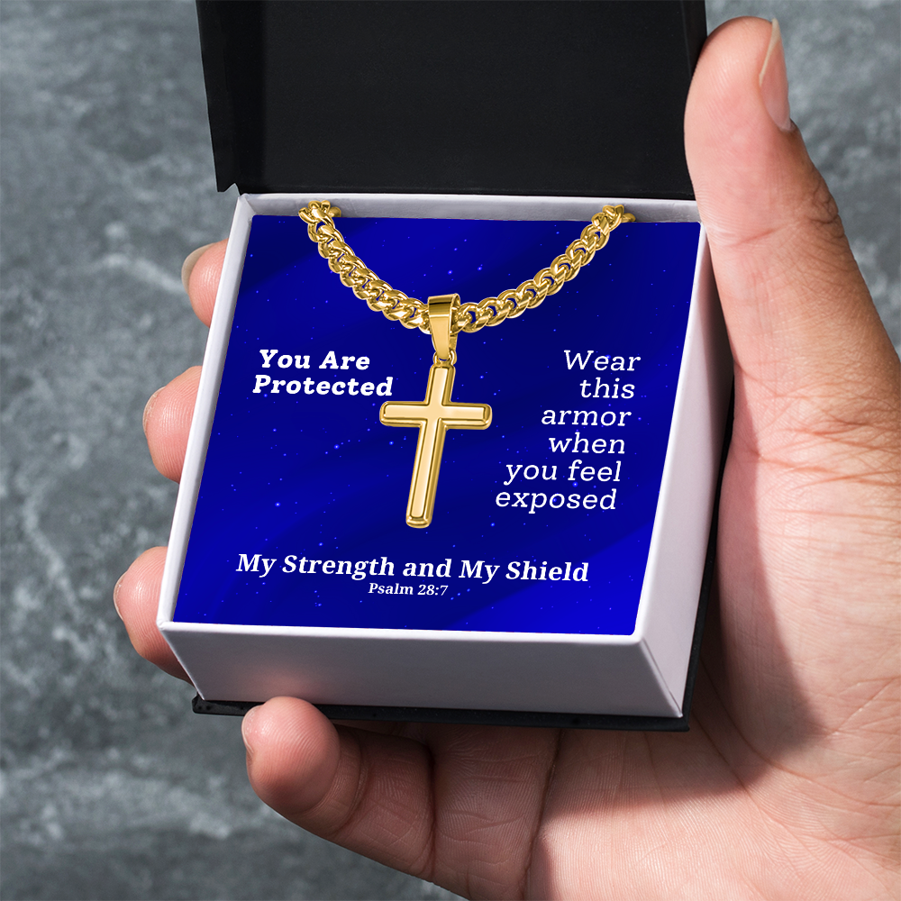My Strength and My Shield (Psalm 28:7) | Premium Sterling Silver Cuban Link Cross Necklace