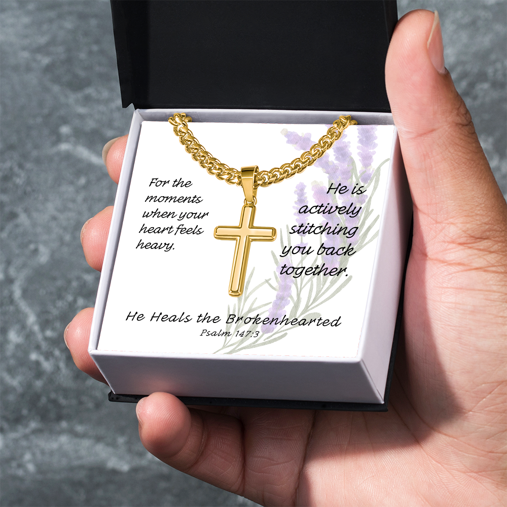 He Heals The Brokenhearted (Psalm 147:3) | Premium Sterling Silver Cuban Link Cross Necklace