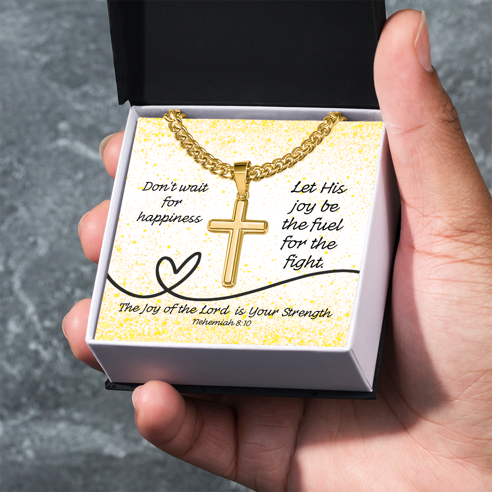 The Joy of the Lord Is Your Strength (Nehemiah 8:10) | Premium Sterling Silver Cuban Link Cross Necklace
