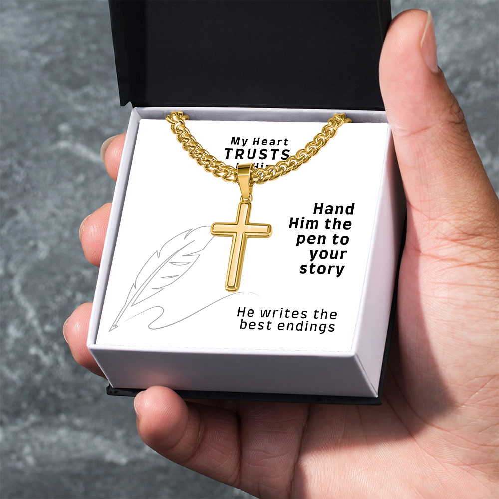 My Heart Trusts In Him (Psalm 28:7) | Premium Sterling Silver Cuban Link Cross Necklace
