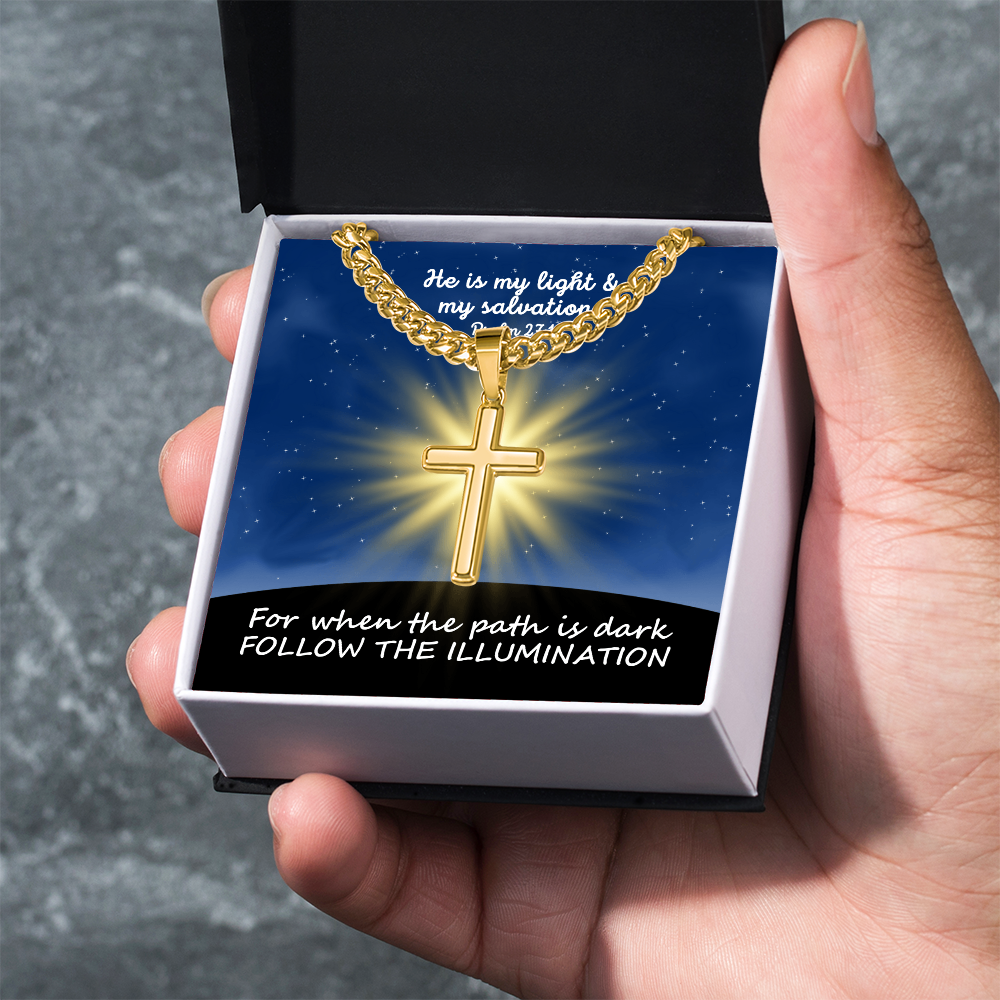 He Is My Light & My Salvation (Psalm 27:1) | Premium Sterling Silver Cuban Link Cross Necklace