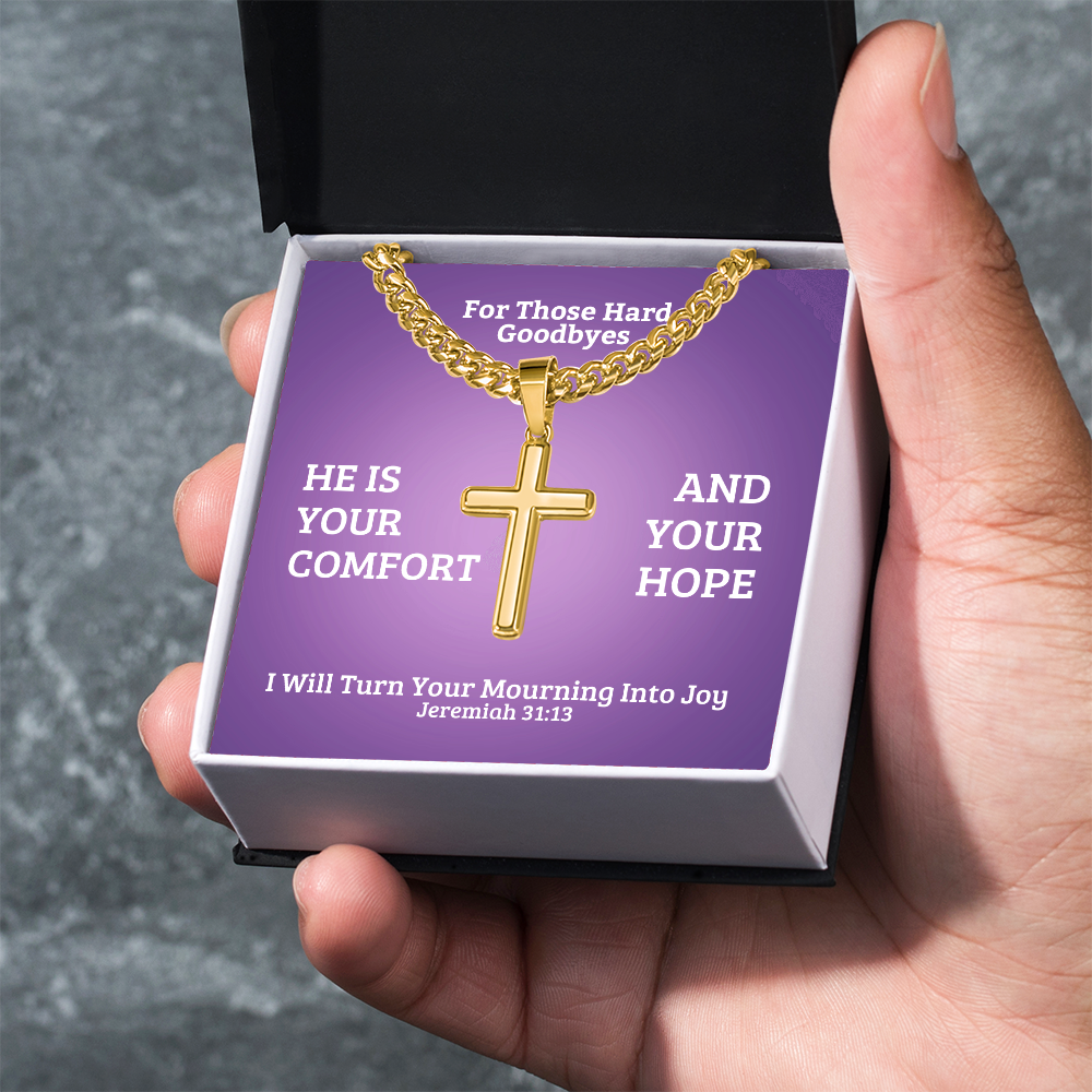 I Will Turn Your Mourning Into Joy (Jeremiah 31:13) | Premium Sterling Silver Cuban Link Cross Necklace