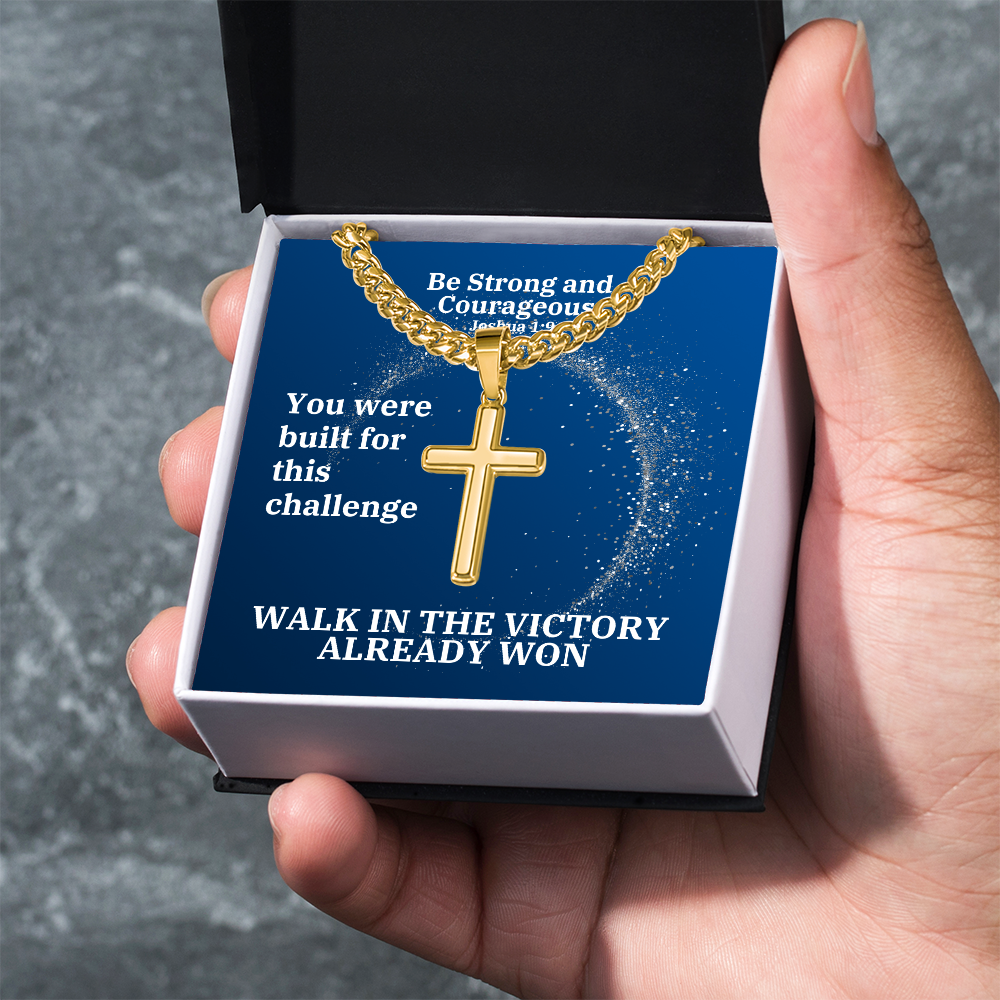 Be Strong And Courageous (Joshua 1:9) | Premium Sterling Silver Cuban Link Cross Necklace