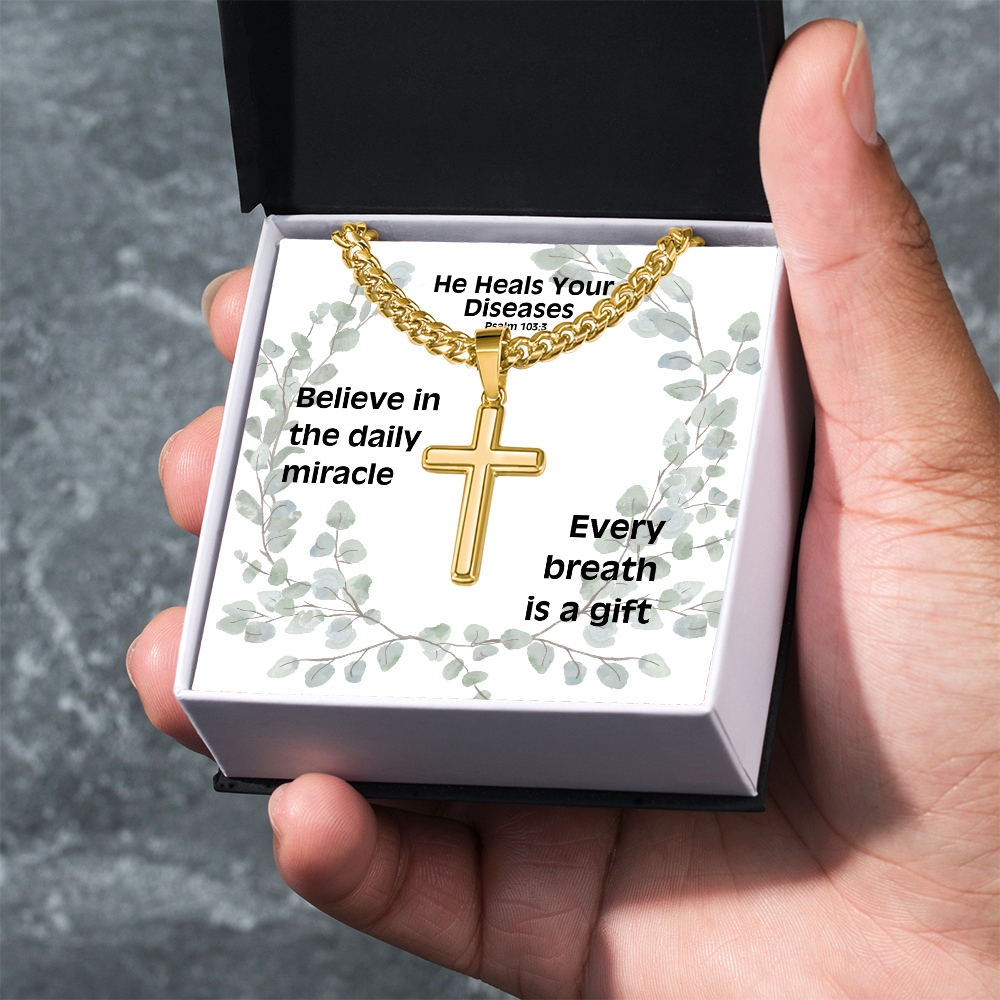 He Heals Your Diseases (Psalm 103:3) | Premium Sterling Silver Cuban Link Cross Necklace