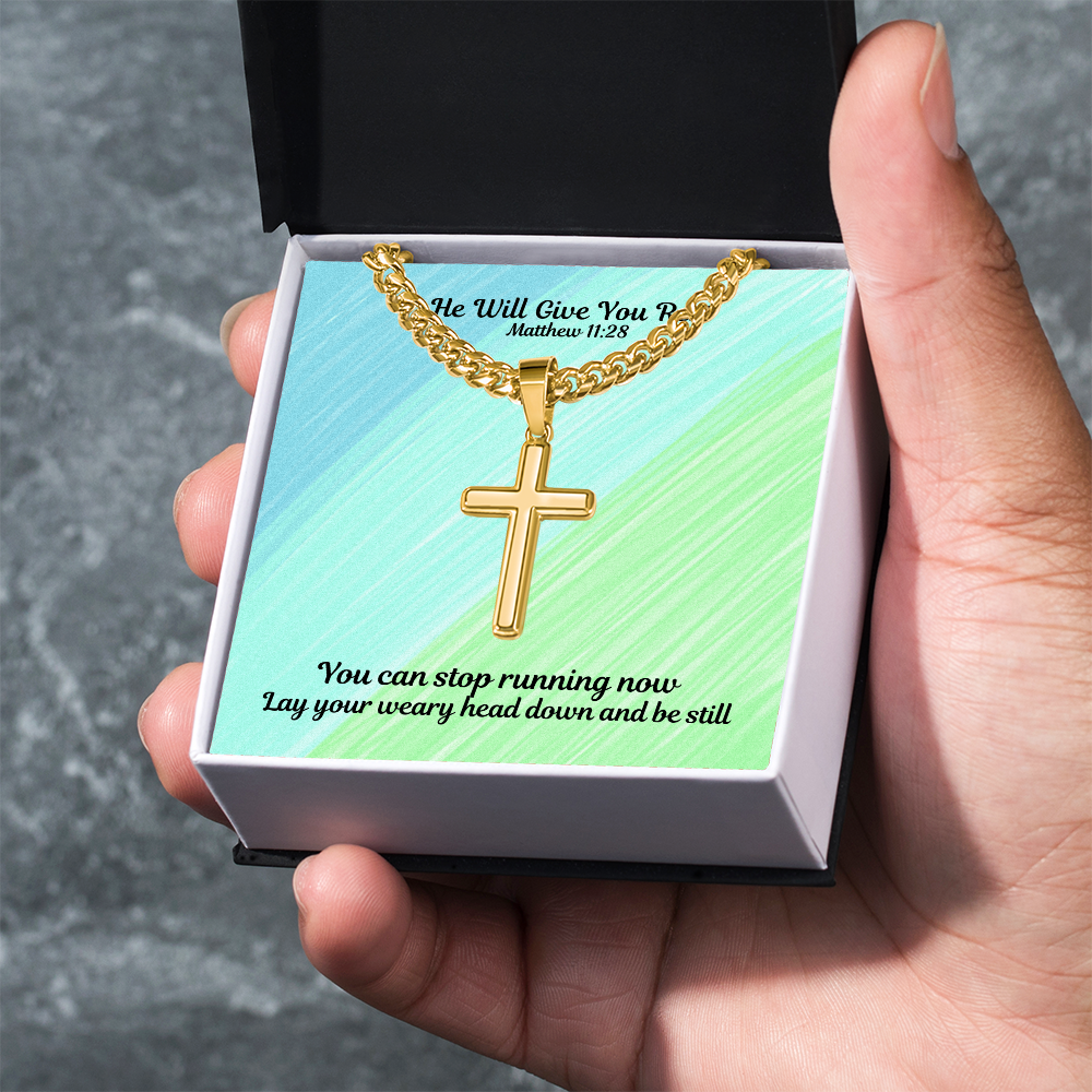 He Will Give You Rest (Matthew 11:28) | Premium Sterling Silver Cuban Link Cross Necklace