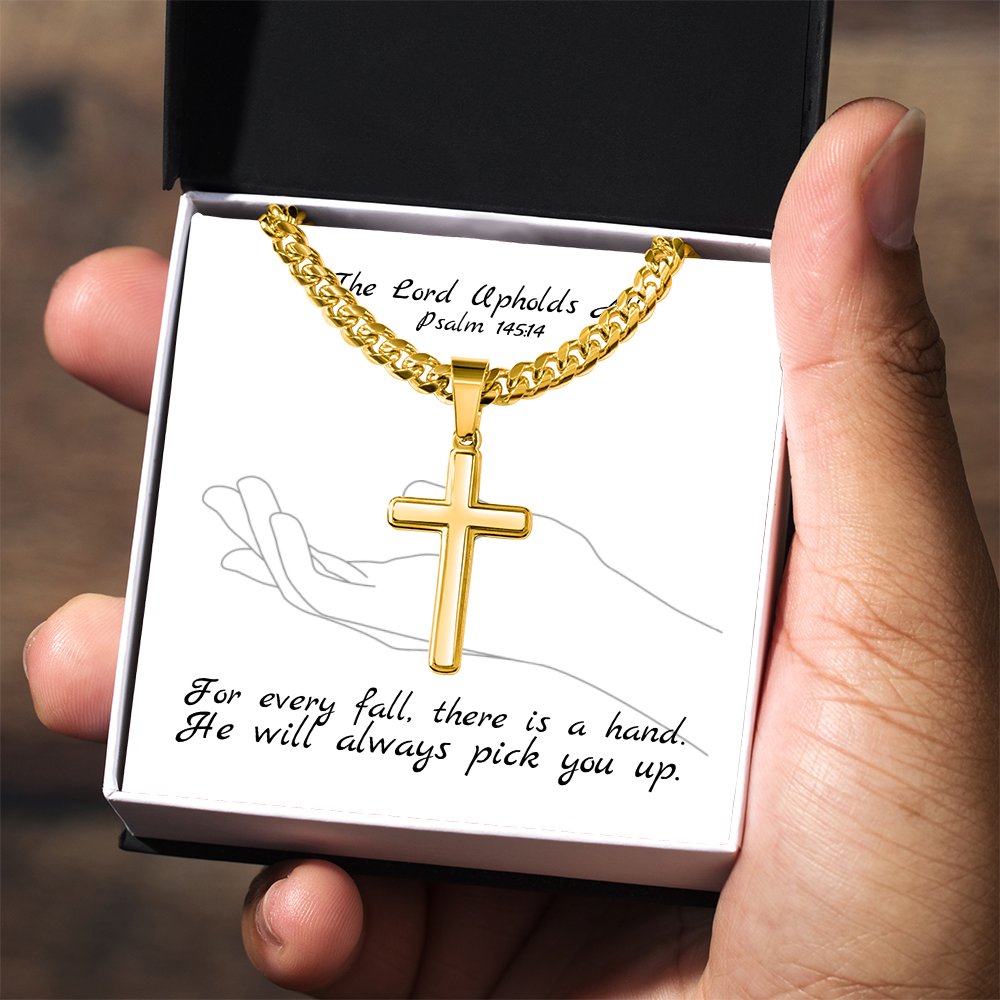 The Lord Upholds All (Psalm 145:14) | Premium Sterling Silver Cuban Link Cross Necklace