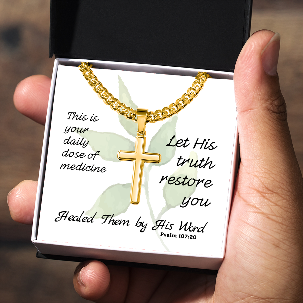Healed Them By His Words (Psalm 107:20) | Premium Sterling Silver Cuban Link Cross Necklace