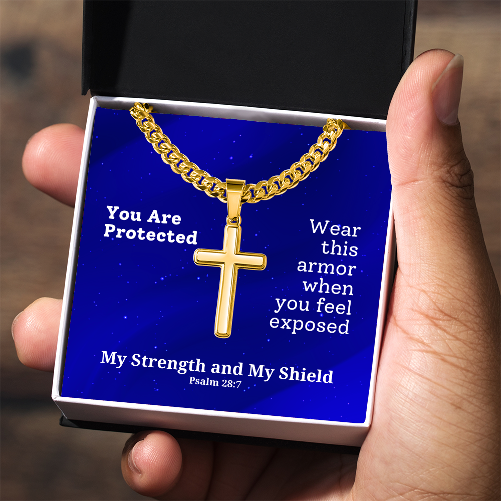 My Strength and My Shield (Psalm 28:7) | Premium Sterling Silver Cuban Link Cross Necklace