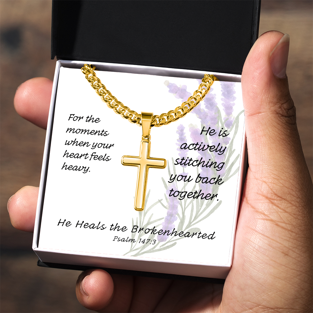 He Heals The Brokenhearted (Psalm 147:3) | Premium Sterling Silver Cuban Link Cross Necklace