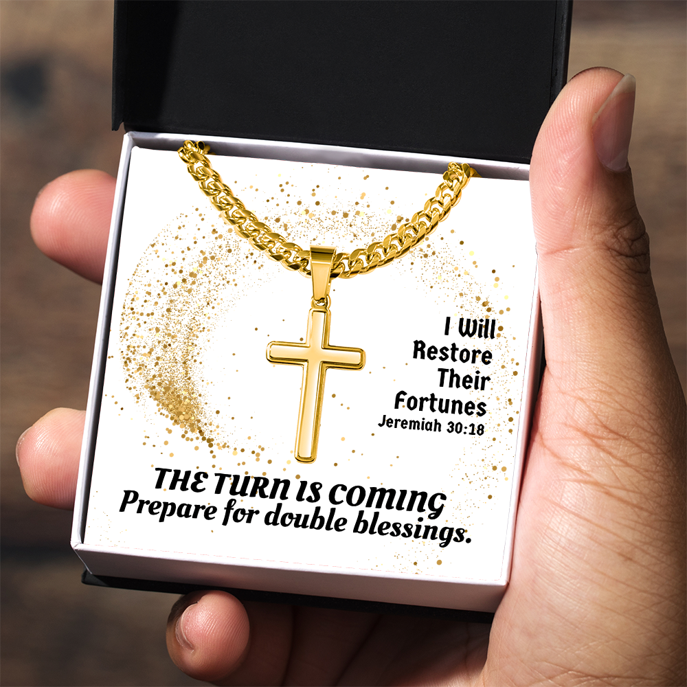 I Will Restore Their Fortunes (Jeremiah 30:18) | Premium Sterling Silver Cuban Link Cross Necklace