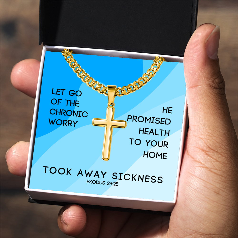 Took Away Sickness (Exodus 23:25) | Premium Sterling Silver Cuban Link Cross Necklace