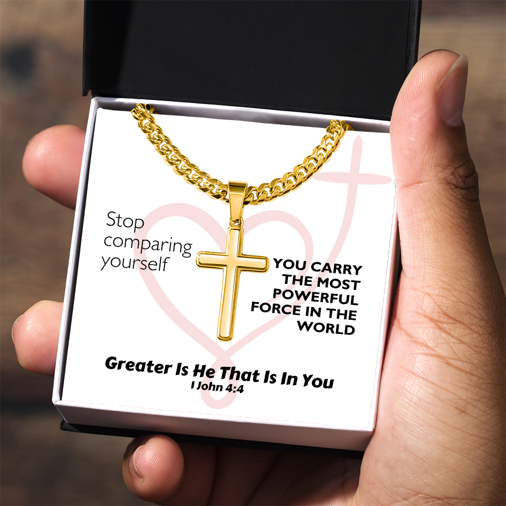 Greater Is He That Is In You (1 John 4:4) | Premium Sterling Silver Cuban Link Cross Necklace
