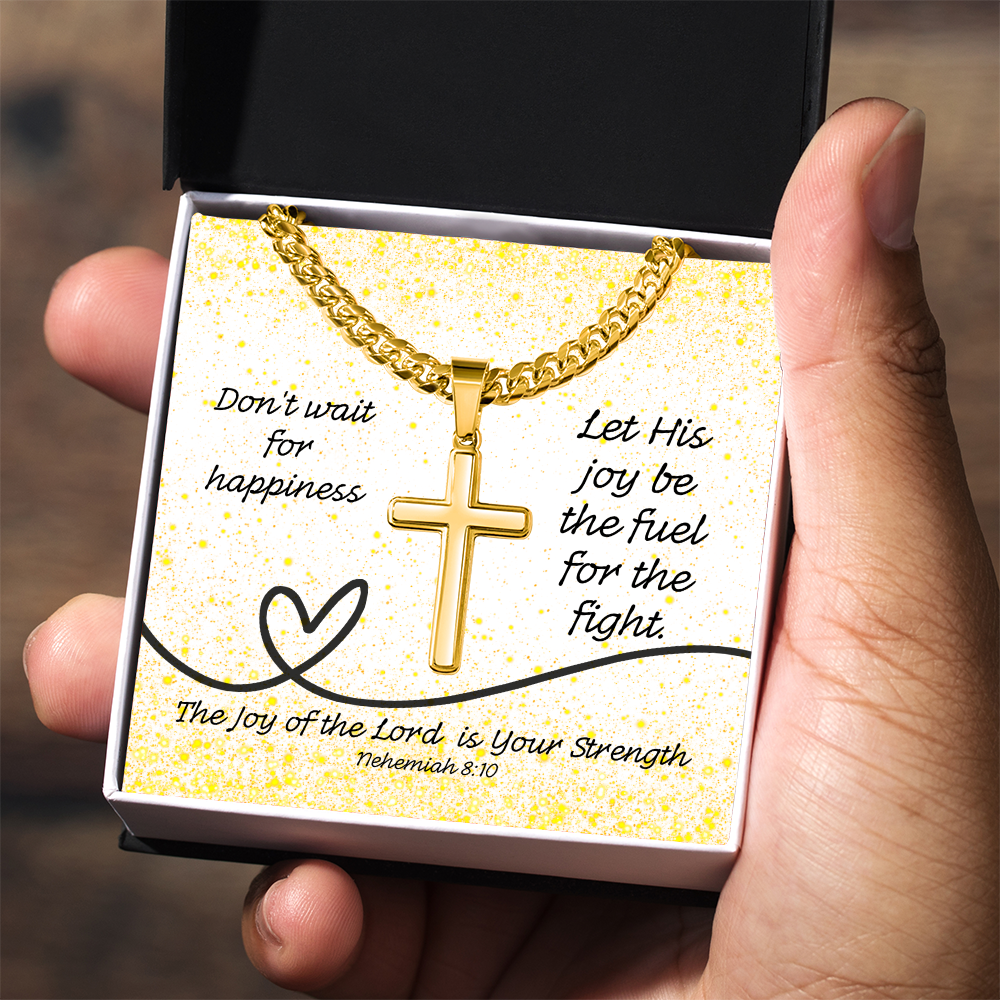 The Joy of the Lord Is Your Strength (Nehemiah 8:10) | Premium Sterling Silver Cuban Link Cross Necklace