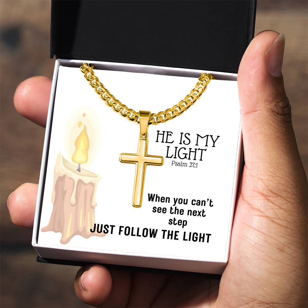 He Is My Light (Psalm 27:1) | Premium Sterling Silver Cuban Link Cross Necklace