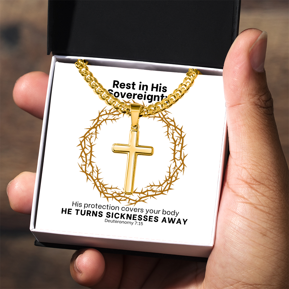 He Turns Sicknesses Away (Deuteronomy 7:15) | Premium Sterling Silver Cuban Link Cross Necklace