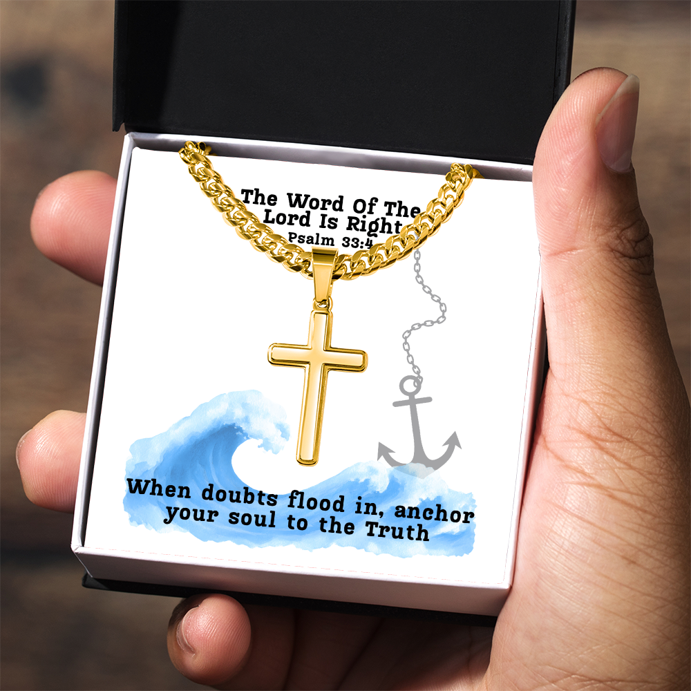The Word Of The Lord Is Right (Psalm 33:4) | Premium Sterling Silver Cuban Link Cross Necklace