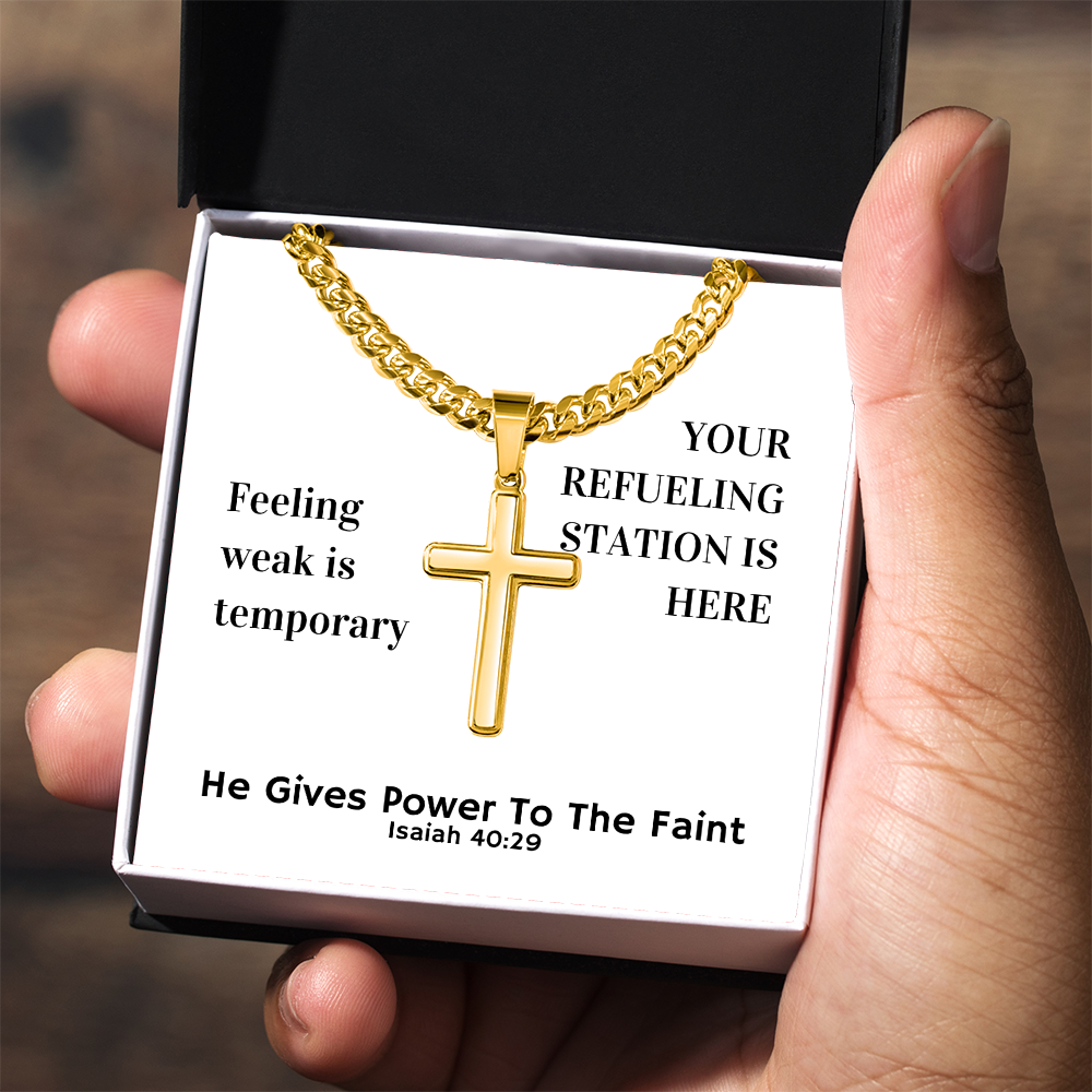 He Gives Power To The Faint (Isaiah 40:29) | Premium Sterling Silver Cuban Link Cross Necklace