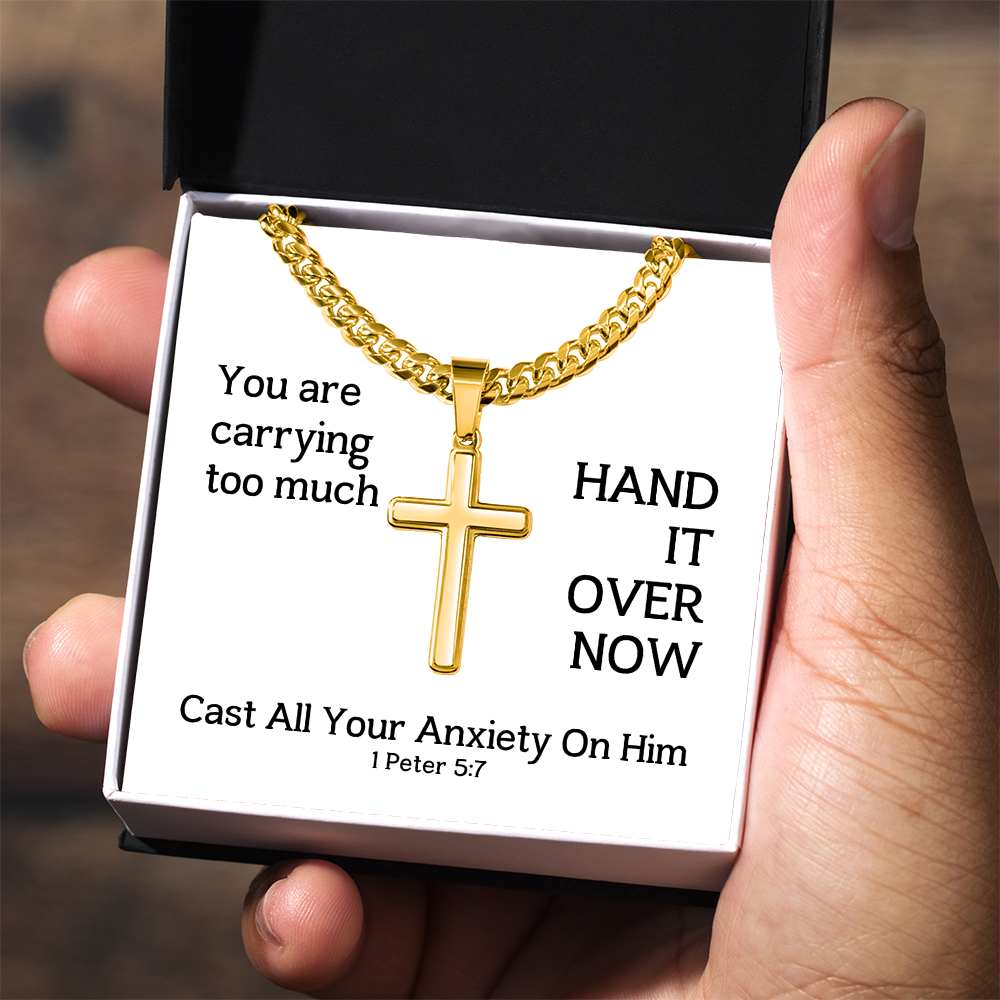 Cast All Your  Anxiety On Him (1 Peter 5:7) | Premium Sterling Silver Cuban Link Cross Necklace