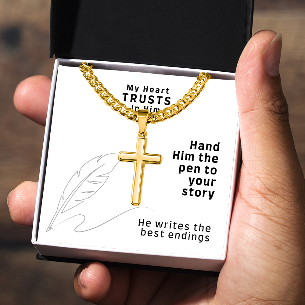 My Heart Trusts In Him (Psalm 28:7) | Premium Sterling Silver Cuban Link Cross Necklace