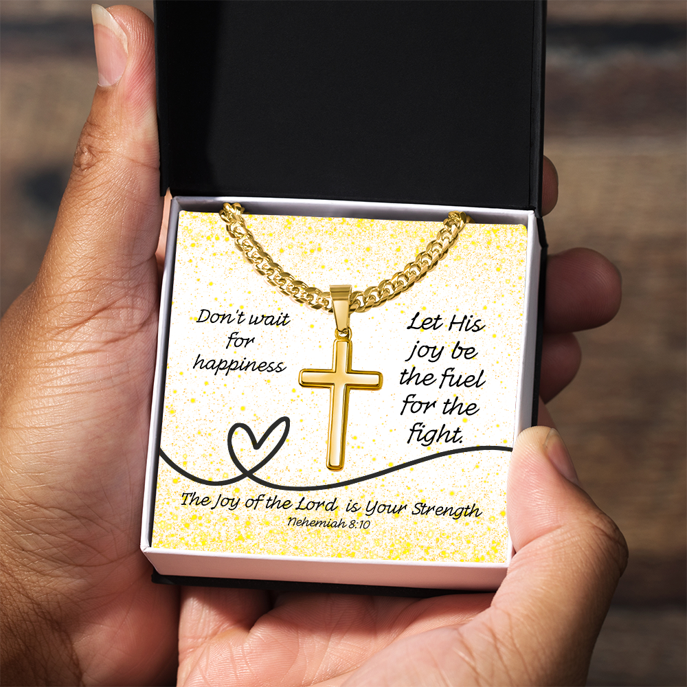 The Joy of the Lord Is Your Strength (Nehemiah 8:10) | Premium Sterling Silver Cuban Link Cross Necklace