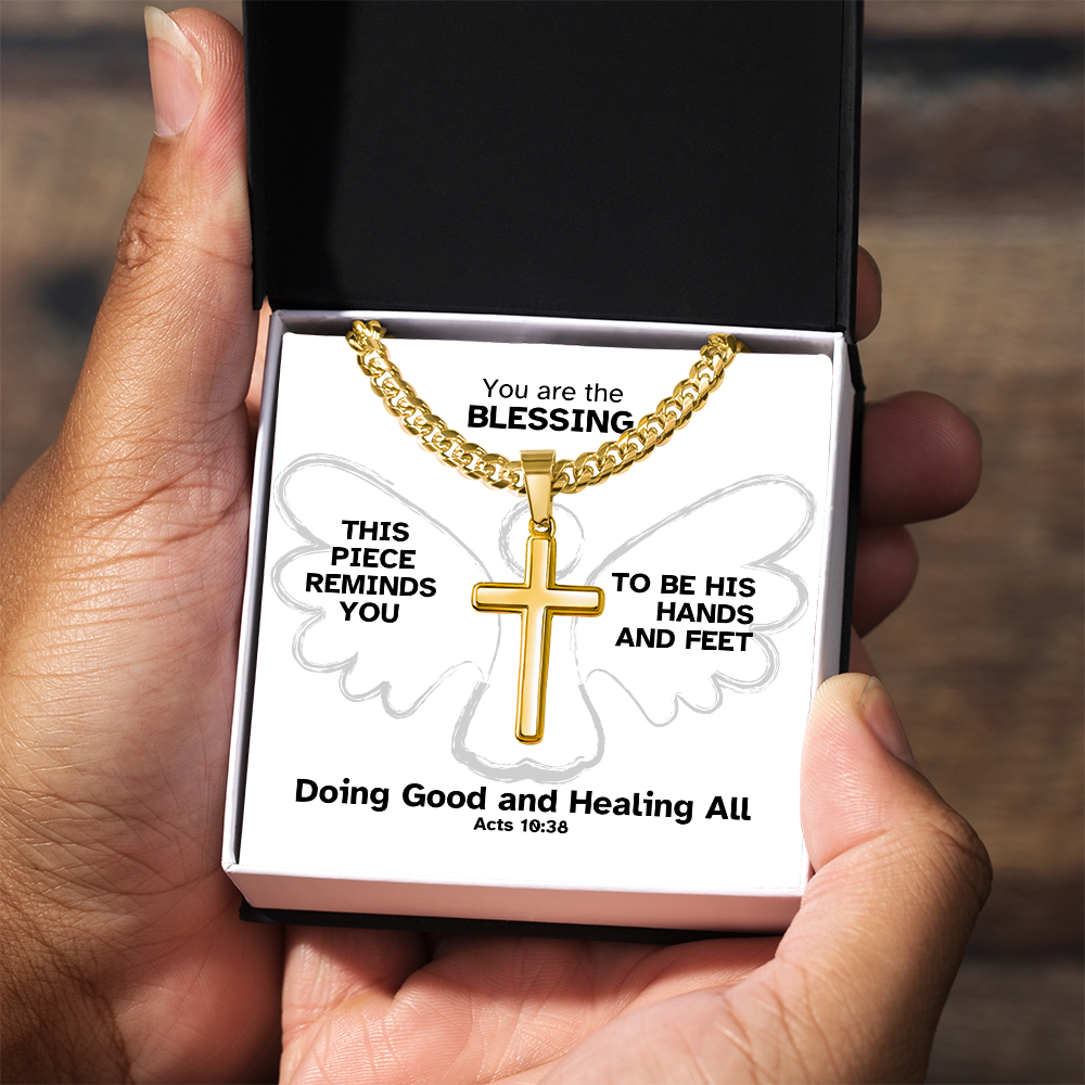 Doing Good And Healing All (Acts 10:38) | Premium Sterling Silver Cuban Link Cross Necklace