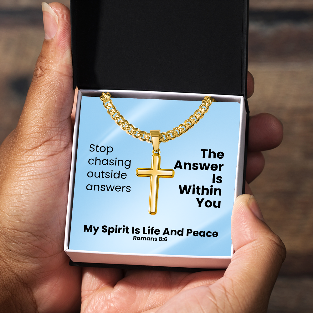 My Spirit Is Life And Peace (Romans 8:6) | Premium Sterling Silver Cuban Link Cross Necklace