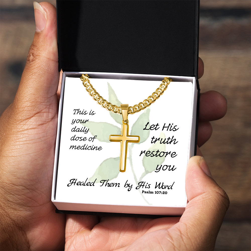 Healed Them By His Words (Psalm 107:20) | Premium Sterling Silver Cuban Link Cross Necklace