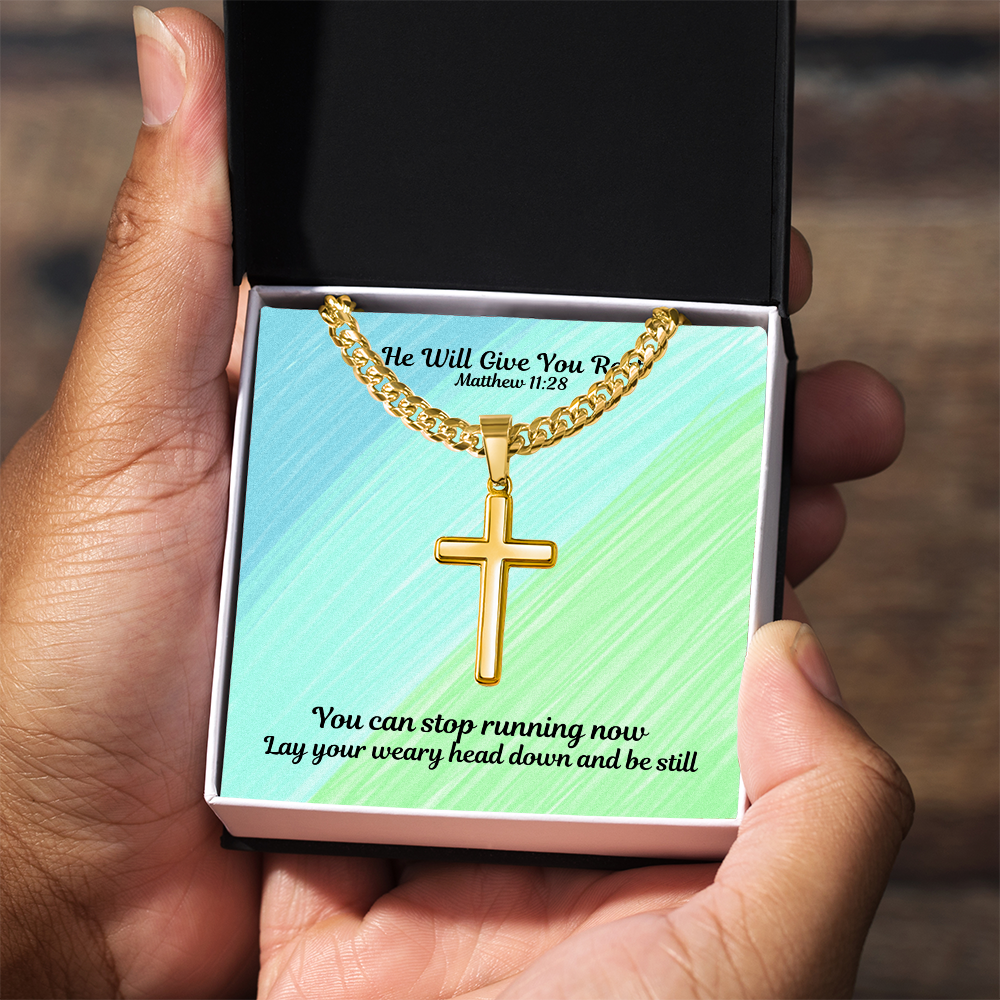 He Will Give You Rest (Matthew 11:28) | Premium Sterling Silver Cuban Link Cross Necklace