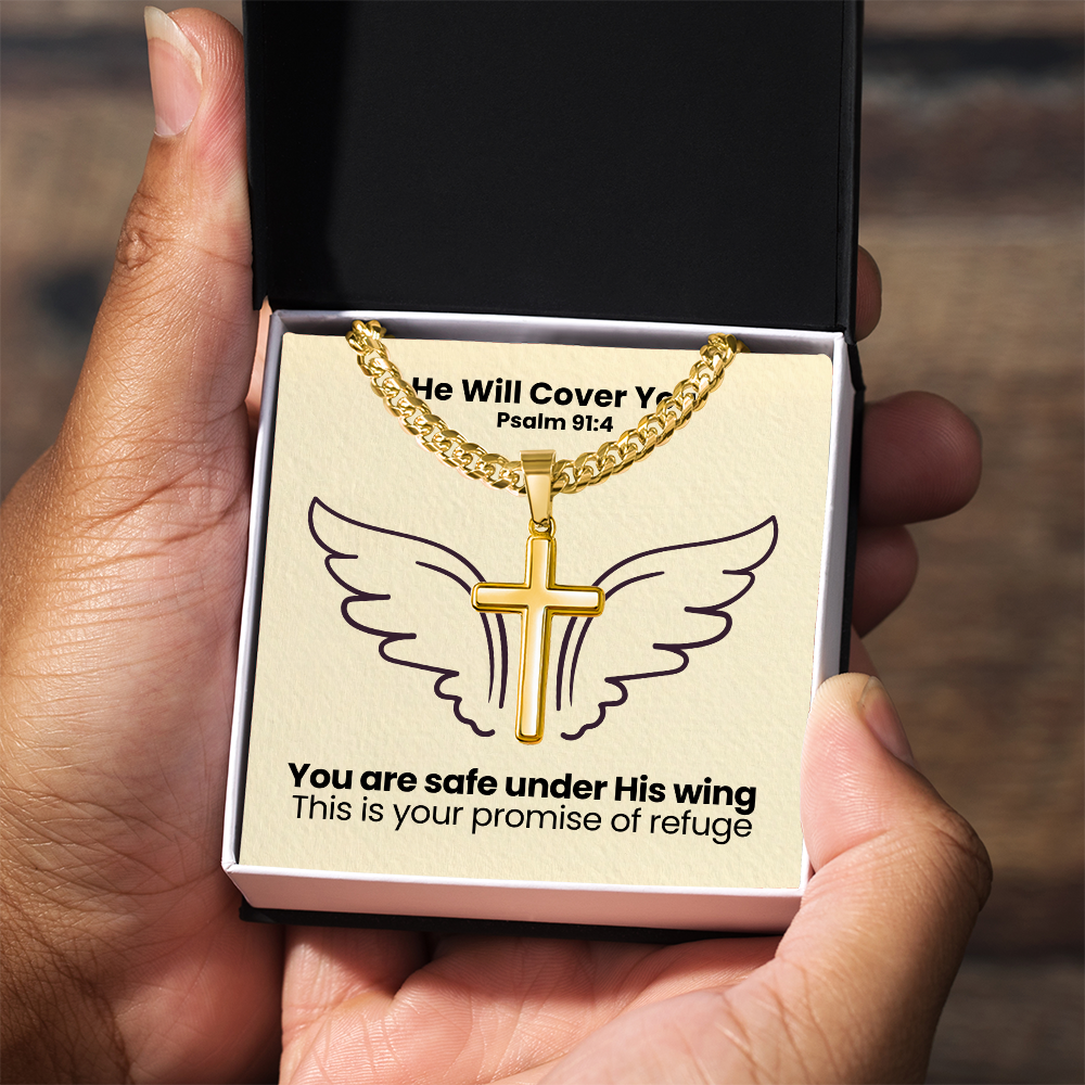 He Will Cover You (Psalm 91:4) | Premium Sterling Silver Cuban Link Cross Necklace