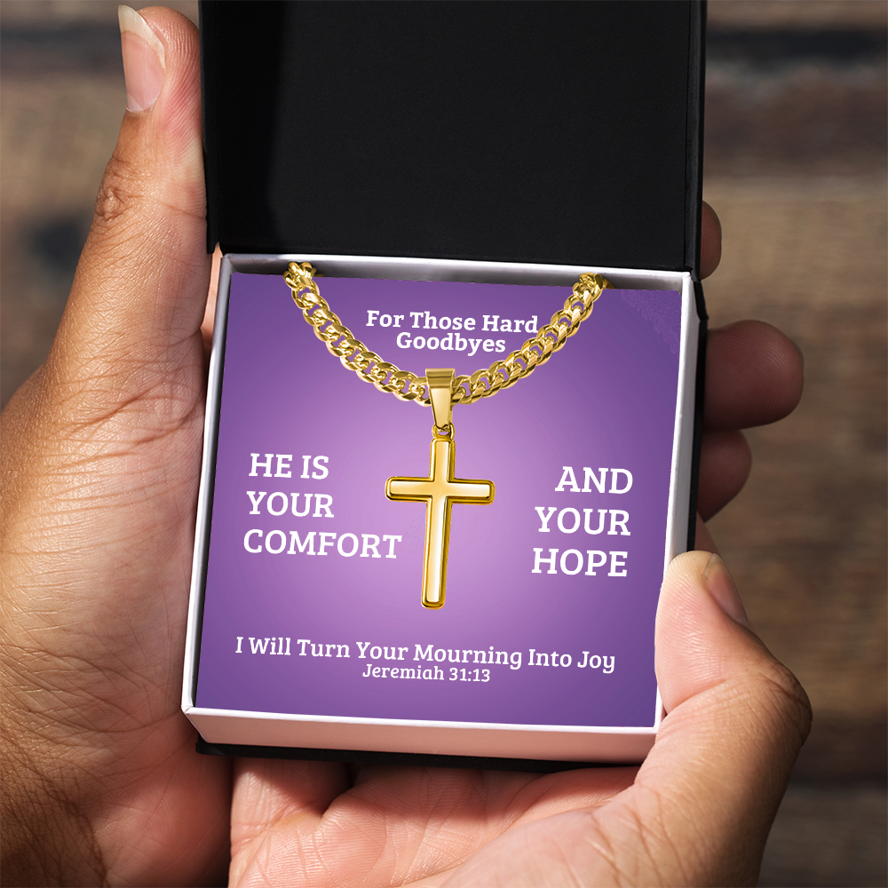 I Will Turn Your Mourning Into Joy (Jeremiah 31:13) | Premium Sterling Silver Cuban Link Cross Necklace