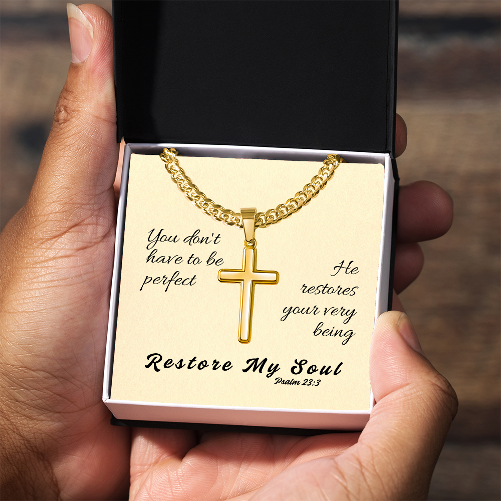 Restore My Soul (Psalm 23:3) | Premium Sterling Silver Cuban Link Cross Necklace