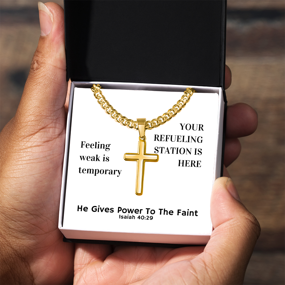 He Gives Power To The Faint (Isaiah 40:29) | Premium Sterling Silver Cuban Link Cross Necklace