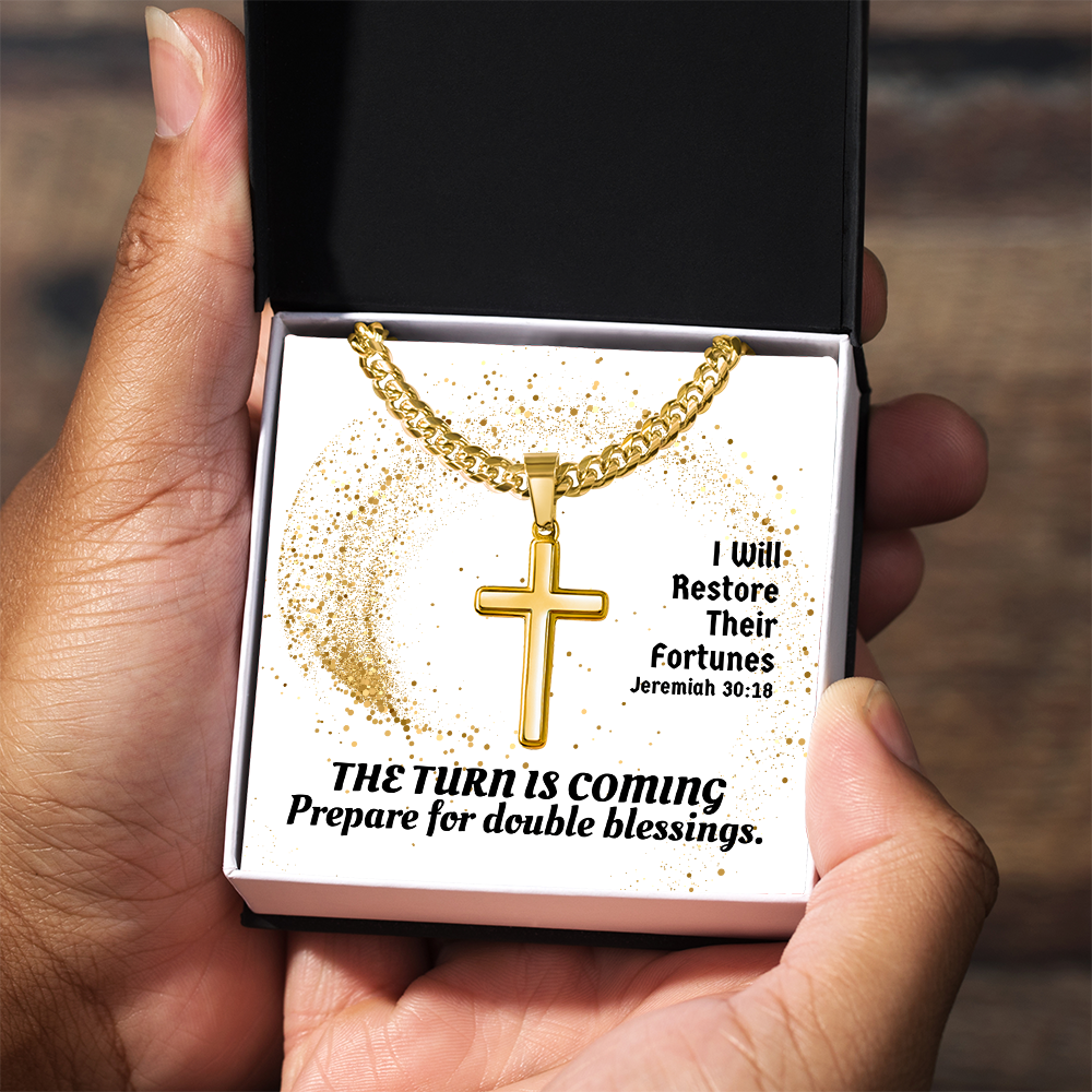 I Will Restore Their Fortunes (Jeremiah 30:18) | Premium Sterling Silver Cuban Link Cross Necklace