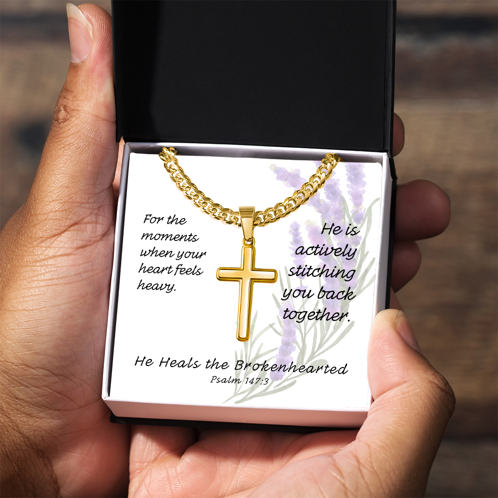 He Heals The Brokenhearted (Psalm 147:3) | Premium Sterling Silver Cuban Link Cross Necklace