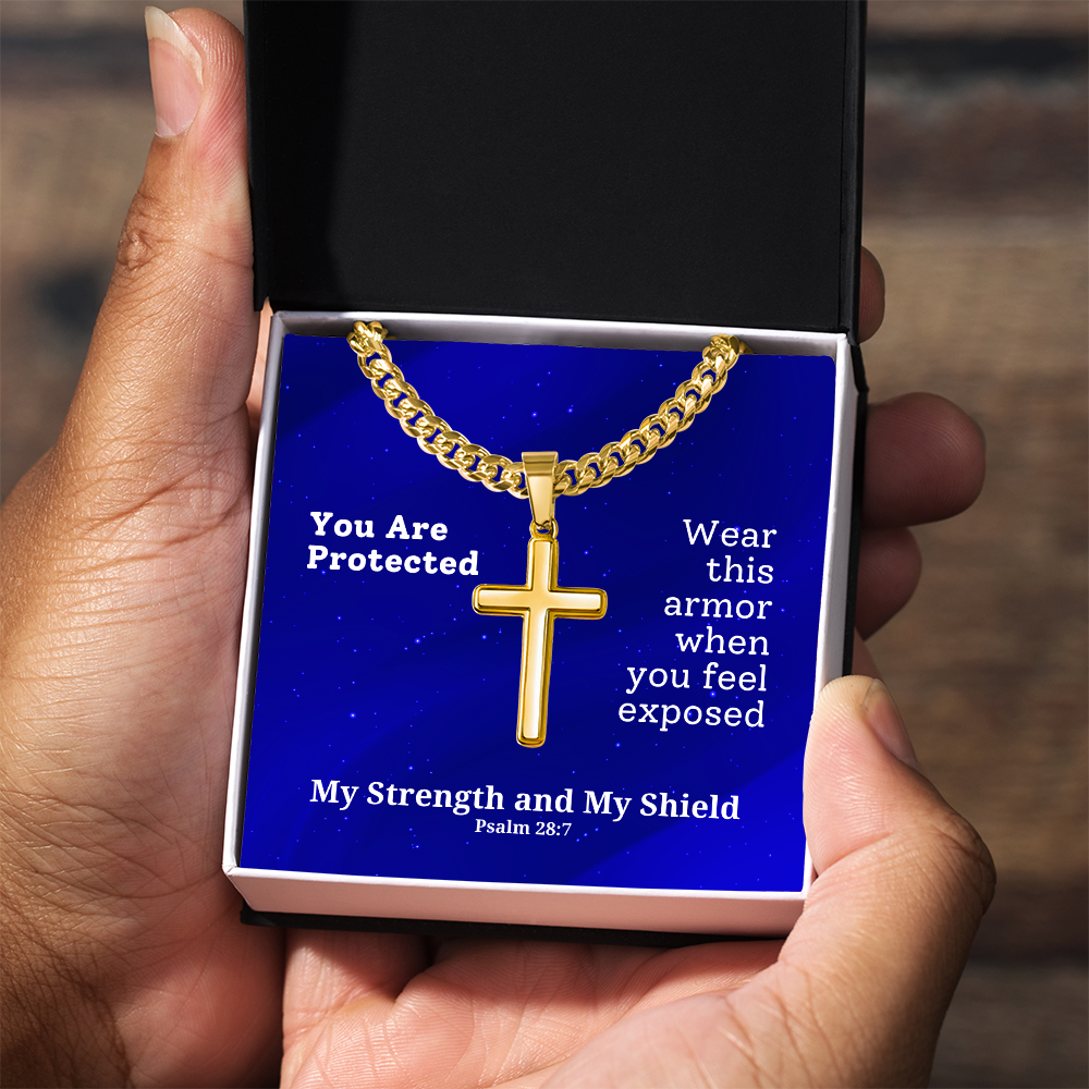 My Strength and My Shield (Psalm 28:7) | Premium Sterling Silver Cuban Link Cross Necklace