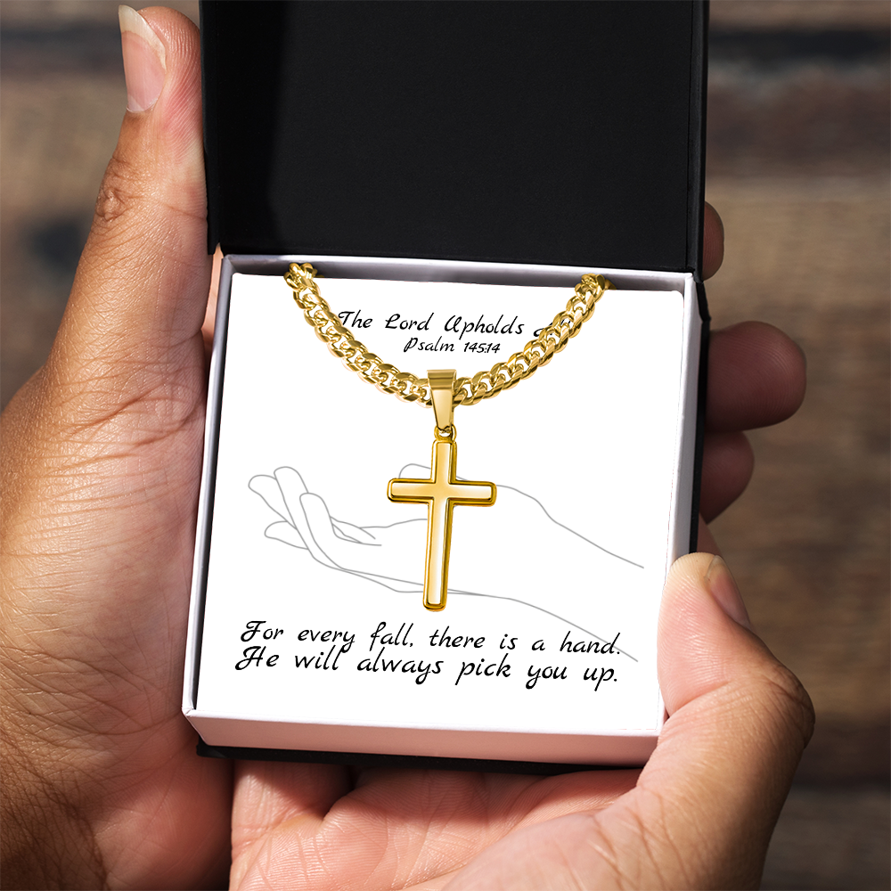 The Lord Upholds All (Psalm 145:14) | Premium Sterling Silver Cuban Link Cross Necklace