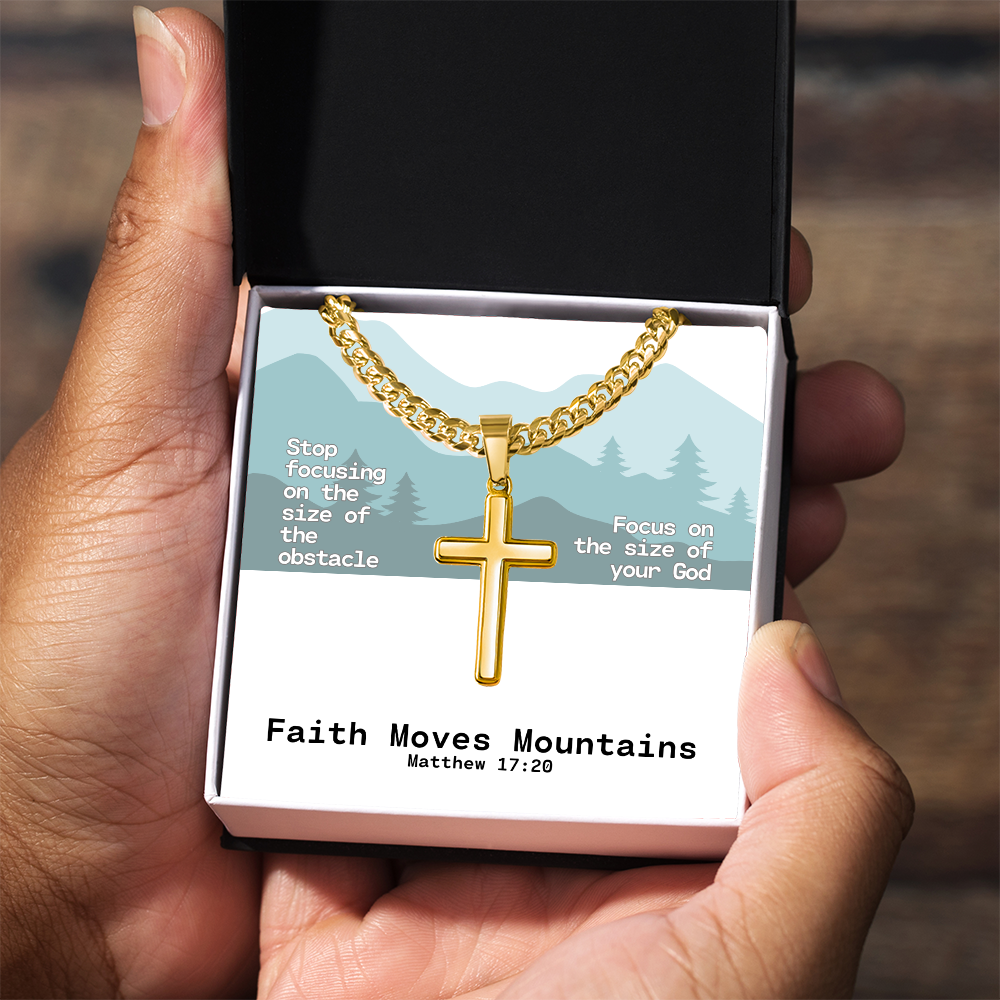Faith Moves Mountains (Matthew 17:20) | Premium Sterling Silver Cuban Link Cross Necklace