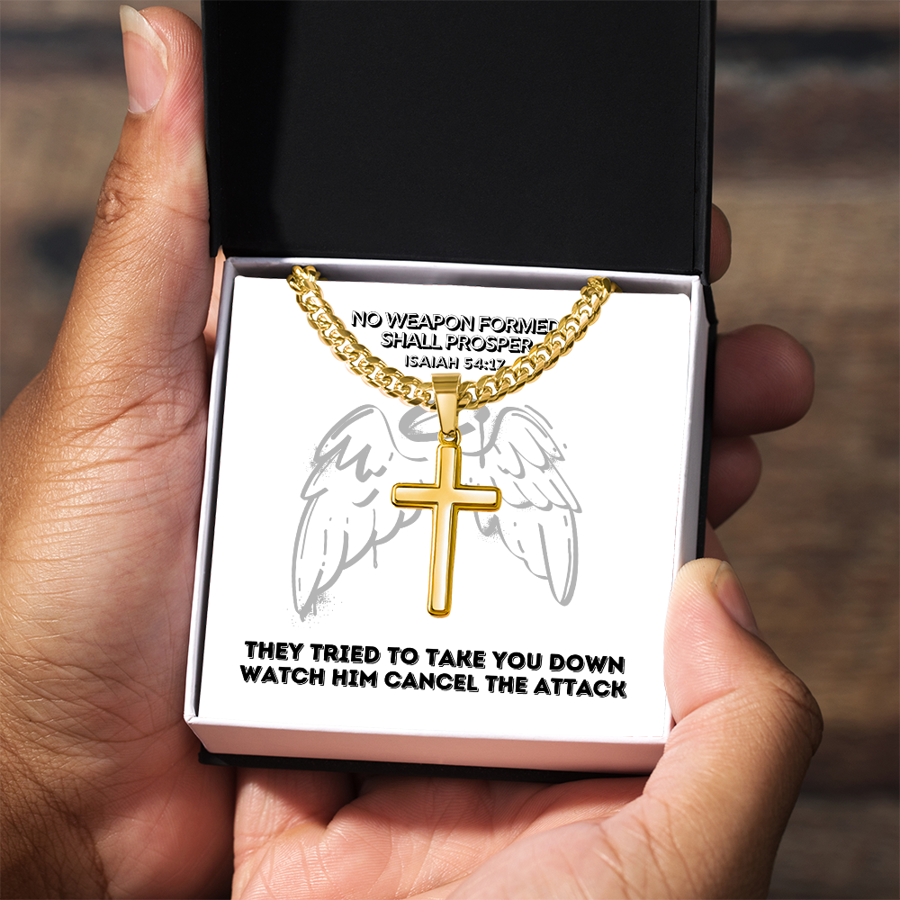 No Weapon Formed Shall Prosper (Isaiah 54:17) | Premium Sterling Silver Cuban Link Cross Necklace