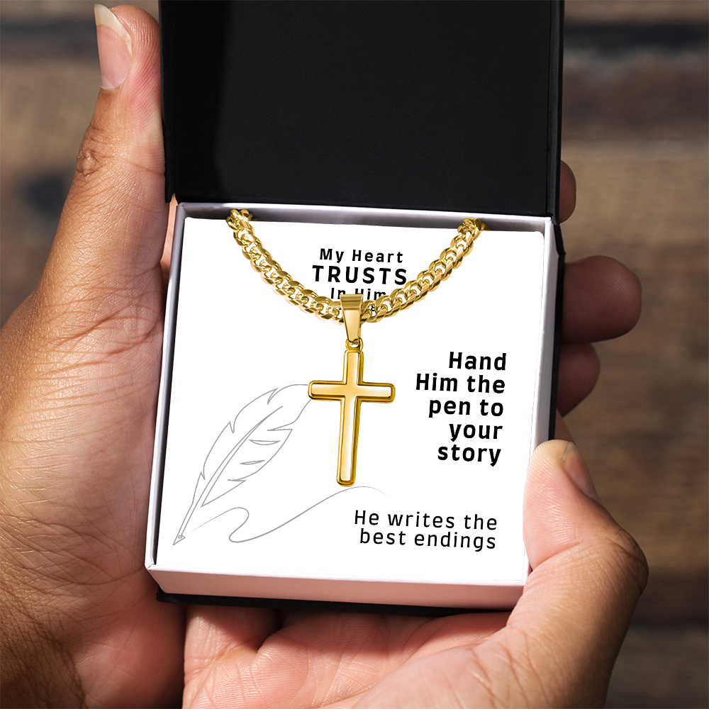My Heart Trusts In Him (Psalm 28:7) | Premium Sterling Silver Cuban Link Cross Necklace