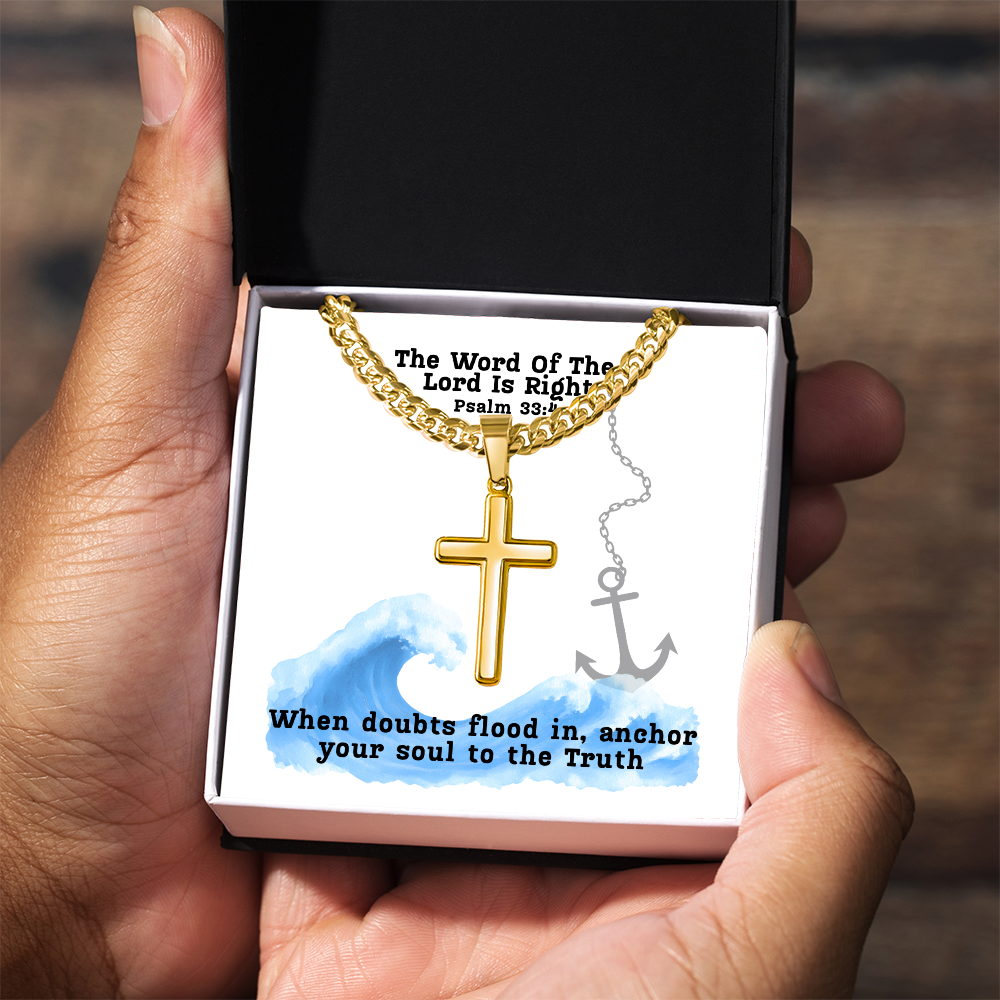 The Word Of The Lord Is Right (Psalm 33:4) | Premium Sterling Silver Cuban Link Cross Necklace