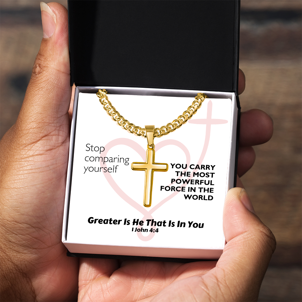 Greater Is He That Is In You (1 John 4:4) | Premium Sterling Silver Cuban Link Cross Necklace