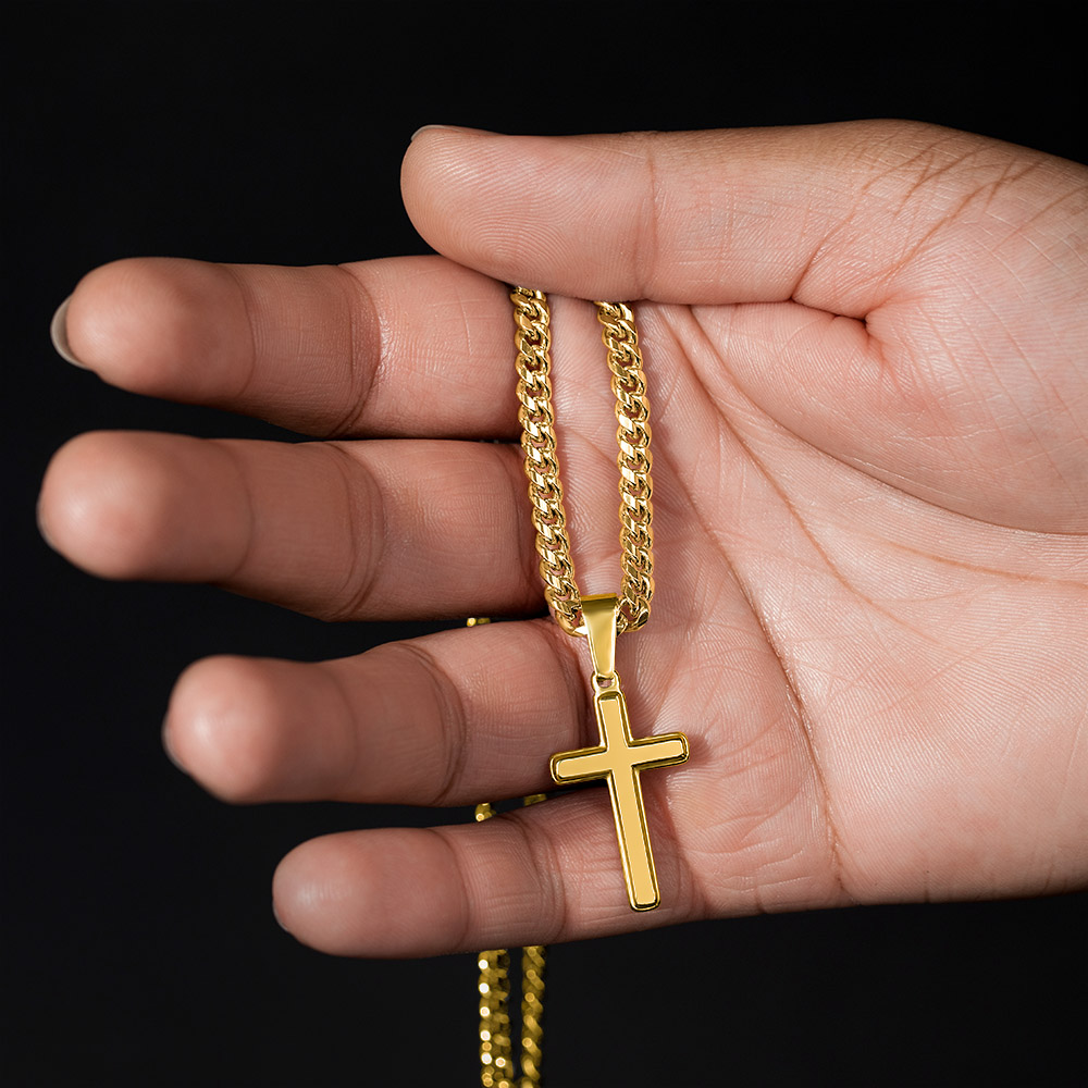 Be Strong And Courageous (Joshua 1:9) | Premium Sterling Silver Cuban Link Cross Necklace