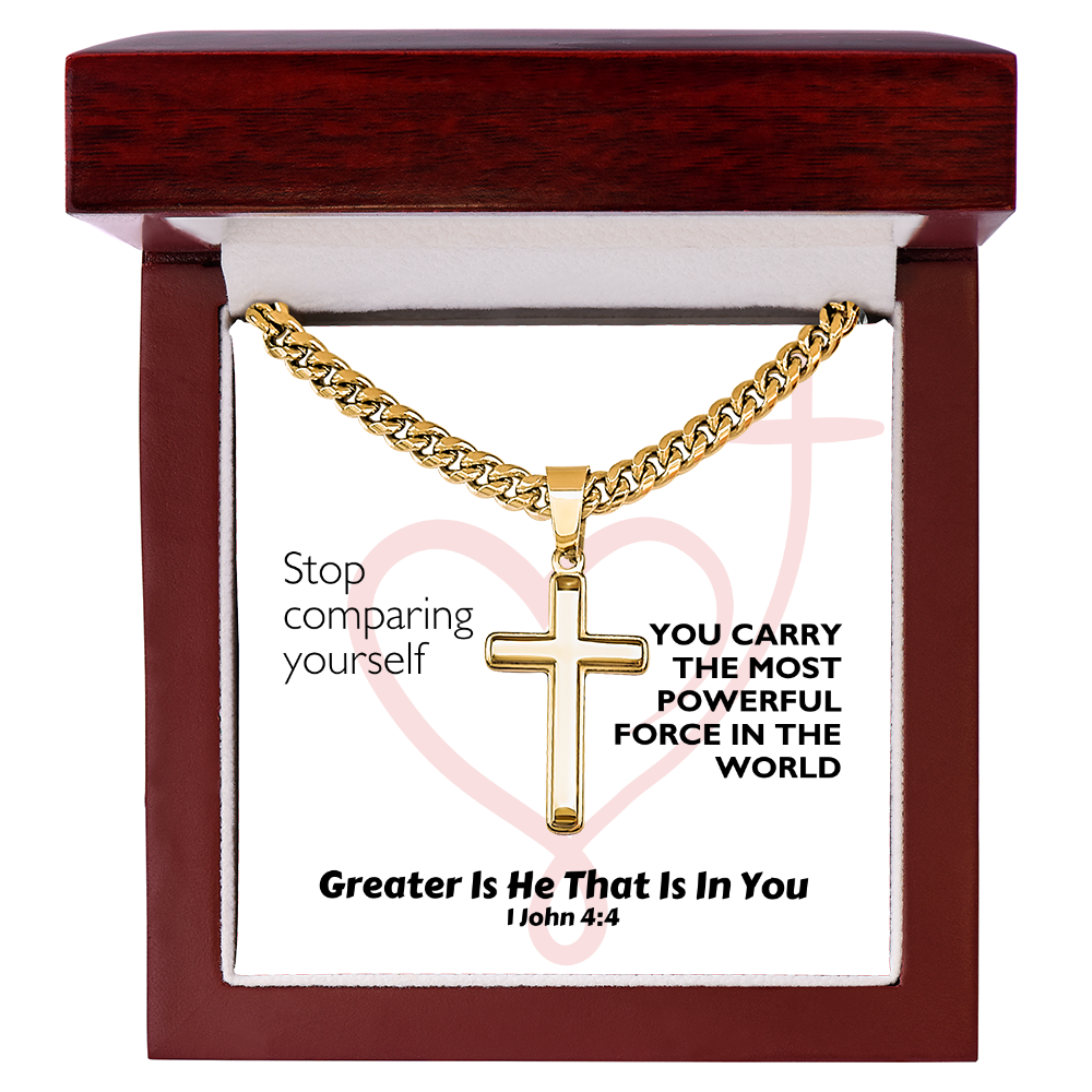 Greater Is He That Is In You (1 John 4:4) | Premium Sterling Silver Cuban Link Cross Necklace