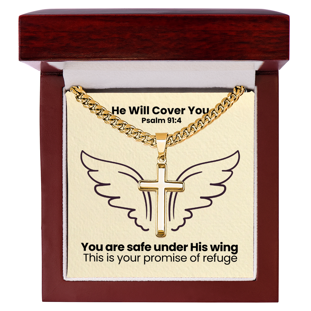 He Will Cover You (Psalm 91:4) | Premium Sterling Silver Cuban Link Cross Necklace